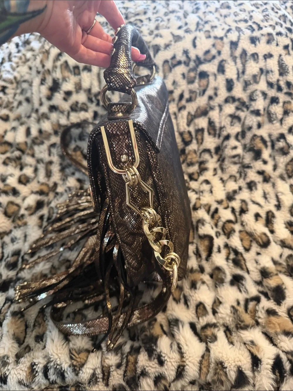Christian Audigier Metallic Snake-Print Fringe Crossbody Bag in Brown and Gold